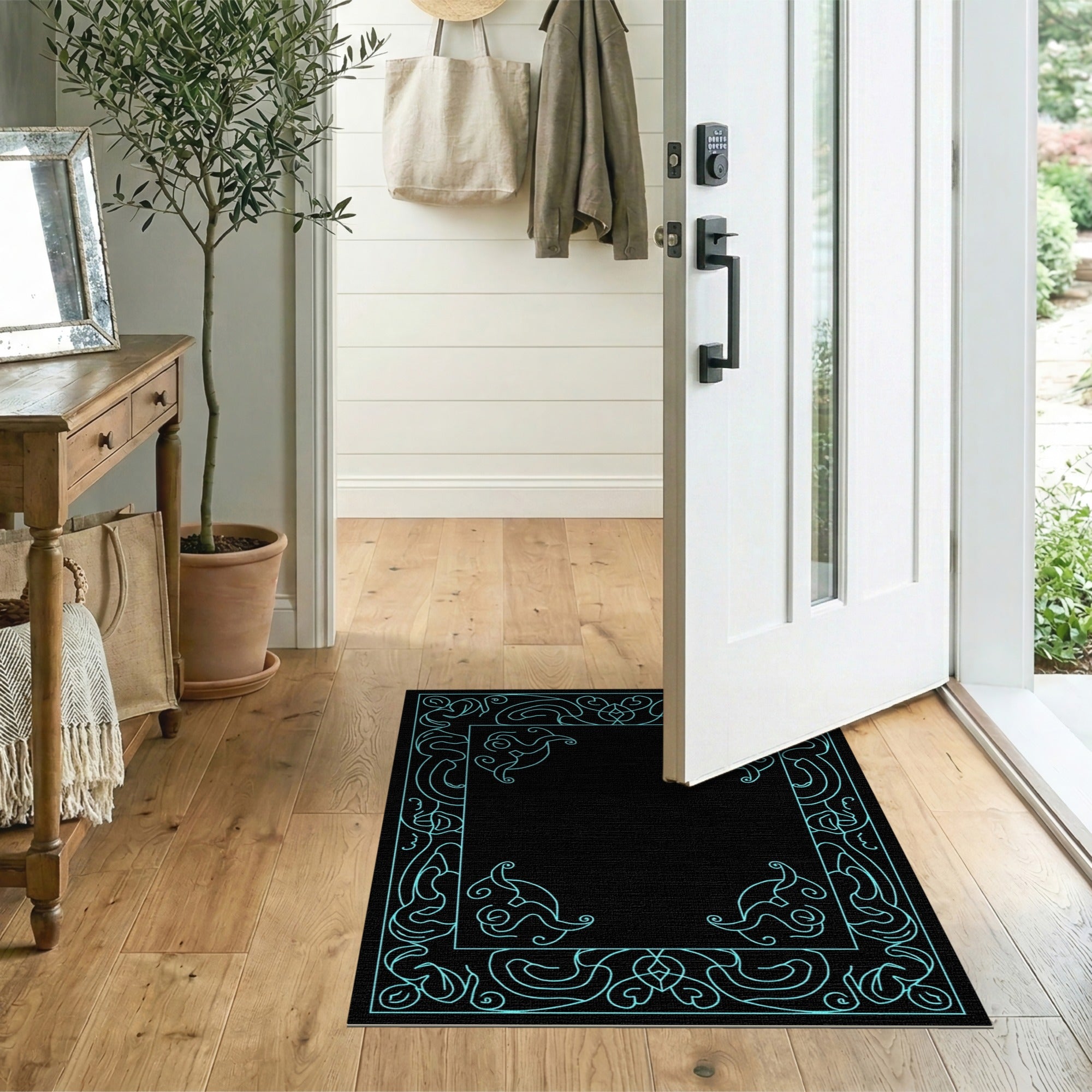 Floral Vintage Elegant Teal Floral Border Area Rug