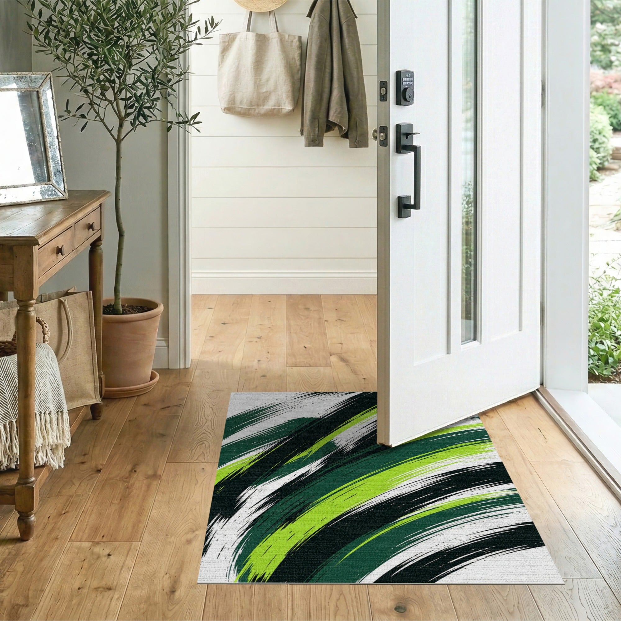 ODIKA Abstract Brushstroke Washable Area Rug - Green & Black Modern Low Pile, Non-Slip, Pet & Kid Friendly