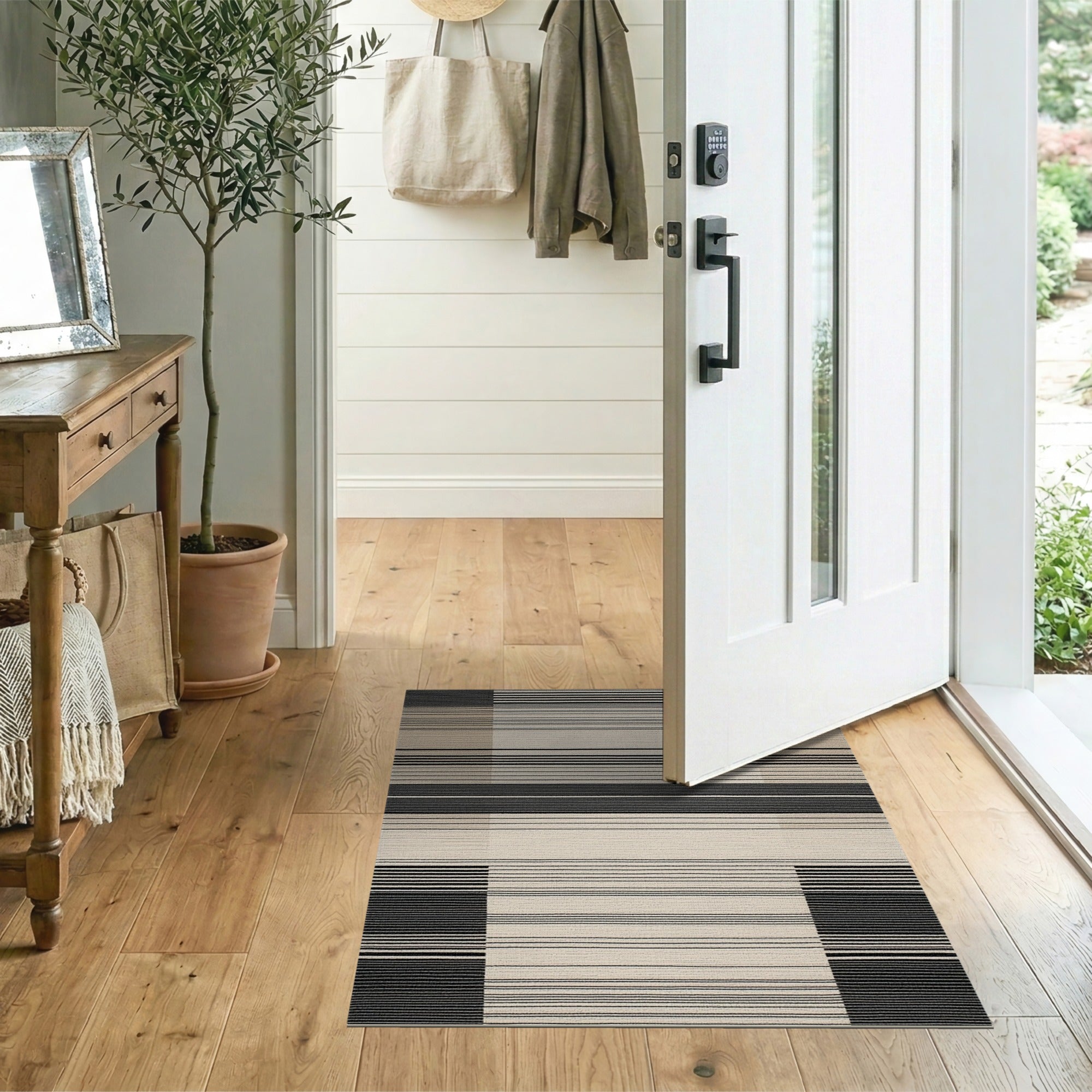 Beige and Neutral Modern Black Beige Striped Area Rug