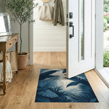 ODIKA Washable Blue Tropical Leaf Area Rug - Non-Slip Low Pile Jungle Print Home Decor