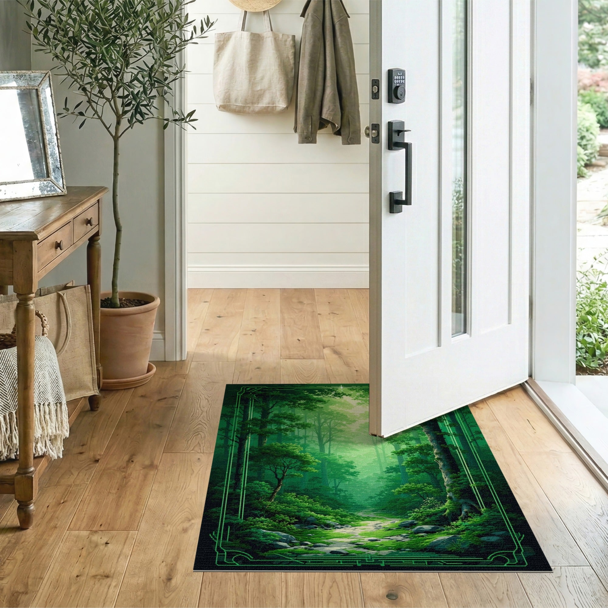 ODIKA Enchanted Forest Washable Area Rug - Green Nature Landscape Low Pile Non-Slip Rug