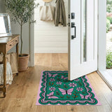Whimsical Pink Butterflies Floral Green Rug