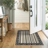 Ornate Black Framed Beige Striped Area Rug