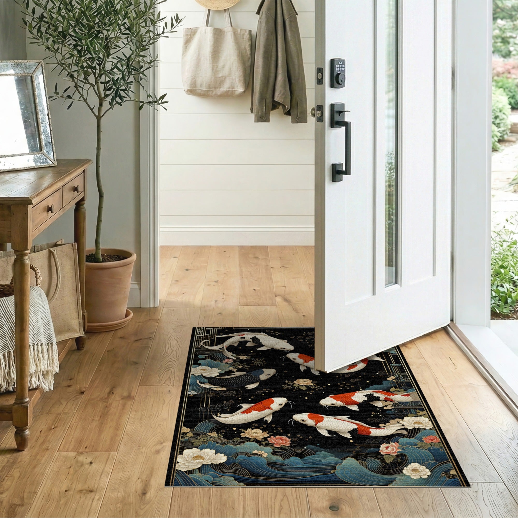 ODIKA Washable Koi Fish Japanese Area Rug, Non-Slip Low Pile Oriental Carpet