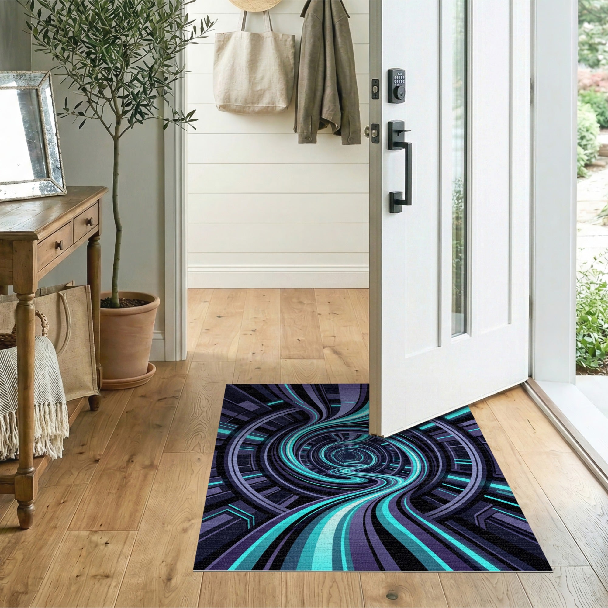 ODIKA Washable Futuristic Cyber Vortex Area Rug - Teal & Purple Abstract Sci-Fi Decor - Non-Slip Low Pile