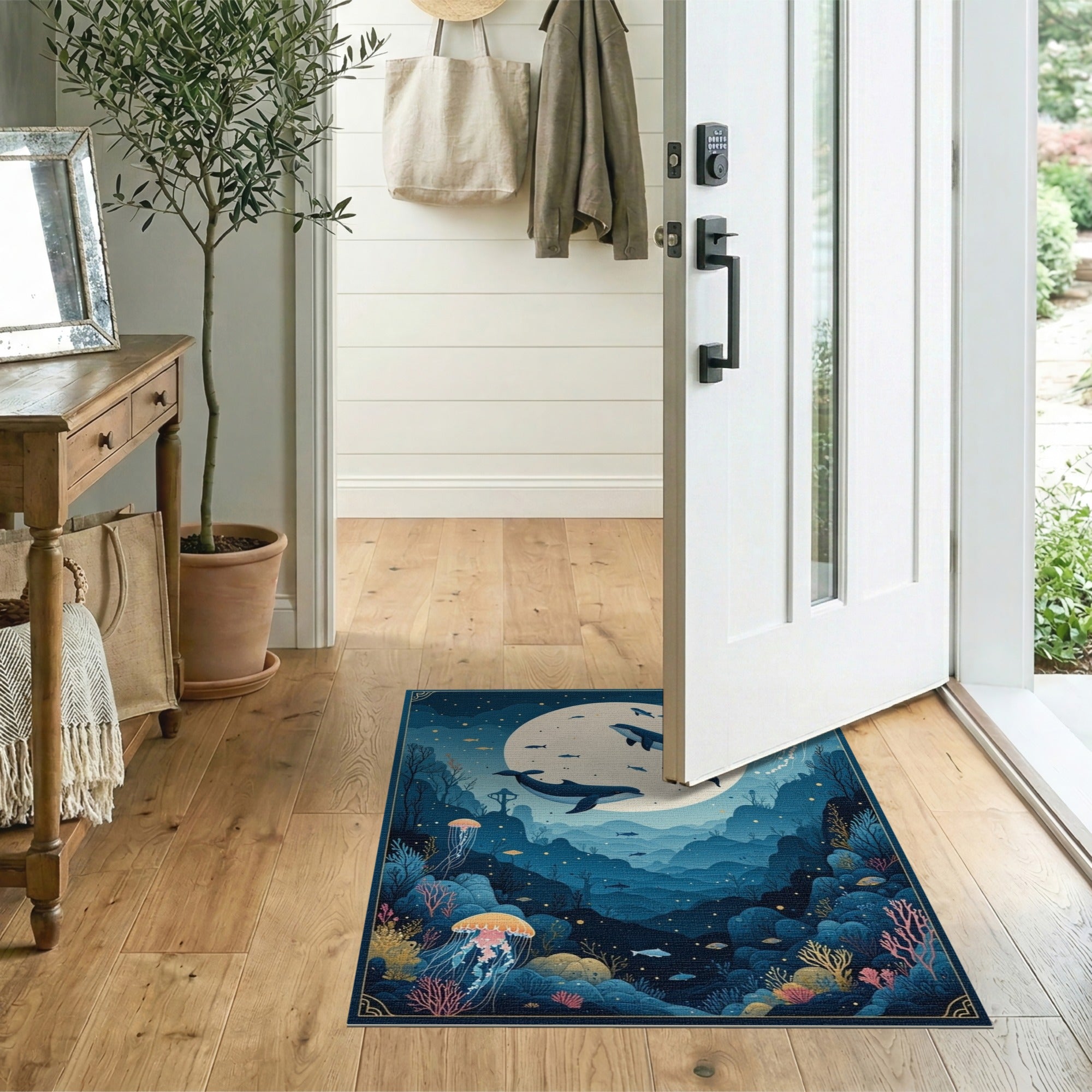 ODIKA Moonlit Whale & Jellyfish Washable Area Rug - Undersea Dream Low Pile Non-Slip Carpet