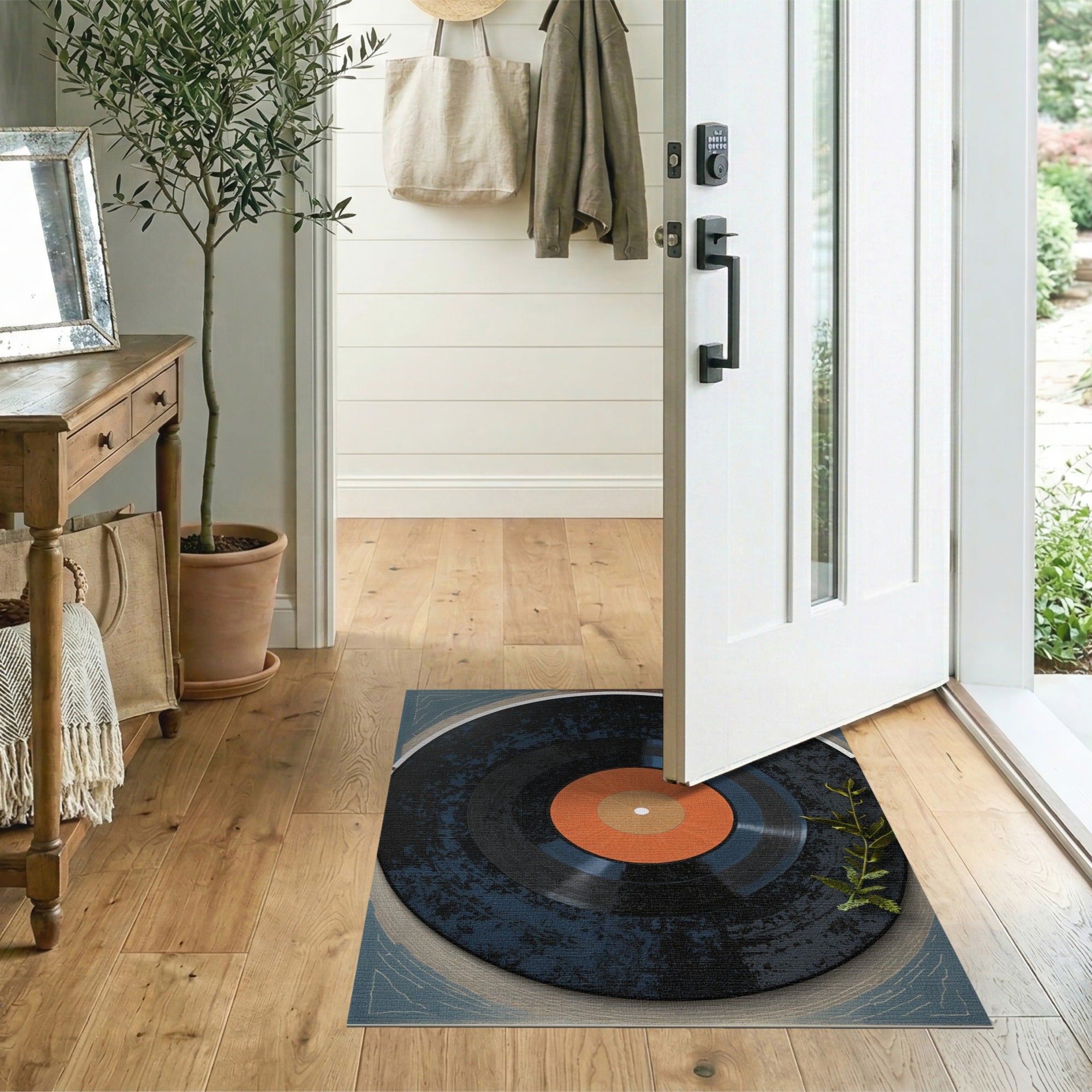Distressed Vintage Vinyl Record Area Rug with Fern