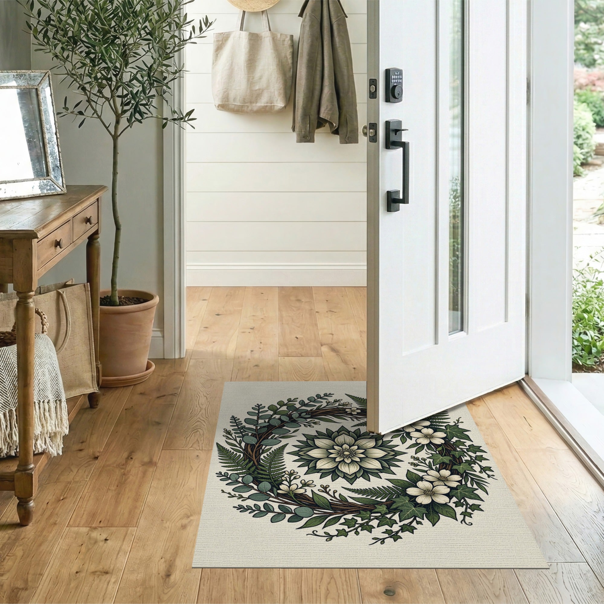 Green Eucalyptus Fern Wreath Area Rug