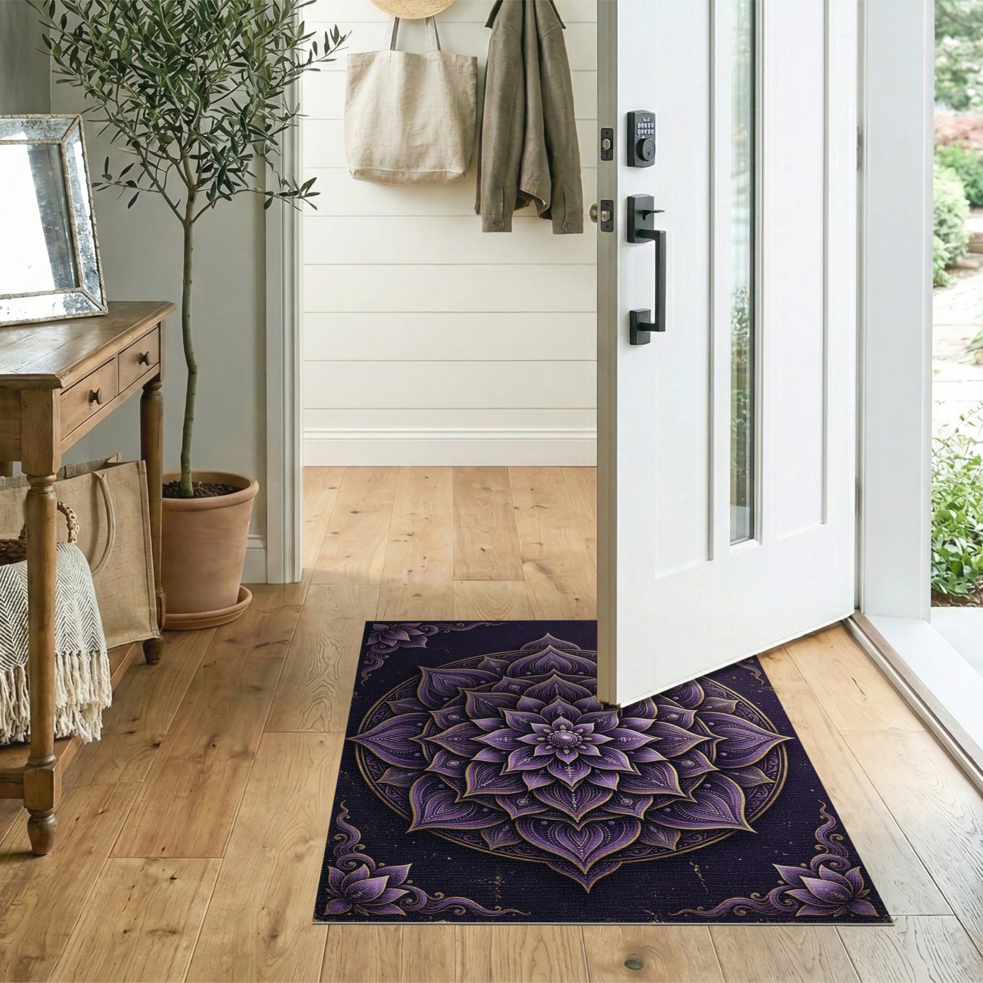 ODIKA Purple and Gold Mandala Washable Area Rug - Low Pile Non-Slip Boho Rug