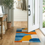 Abstract Curved Geometric Blue Orange Area Rug