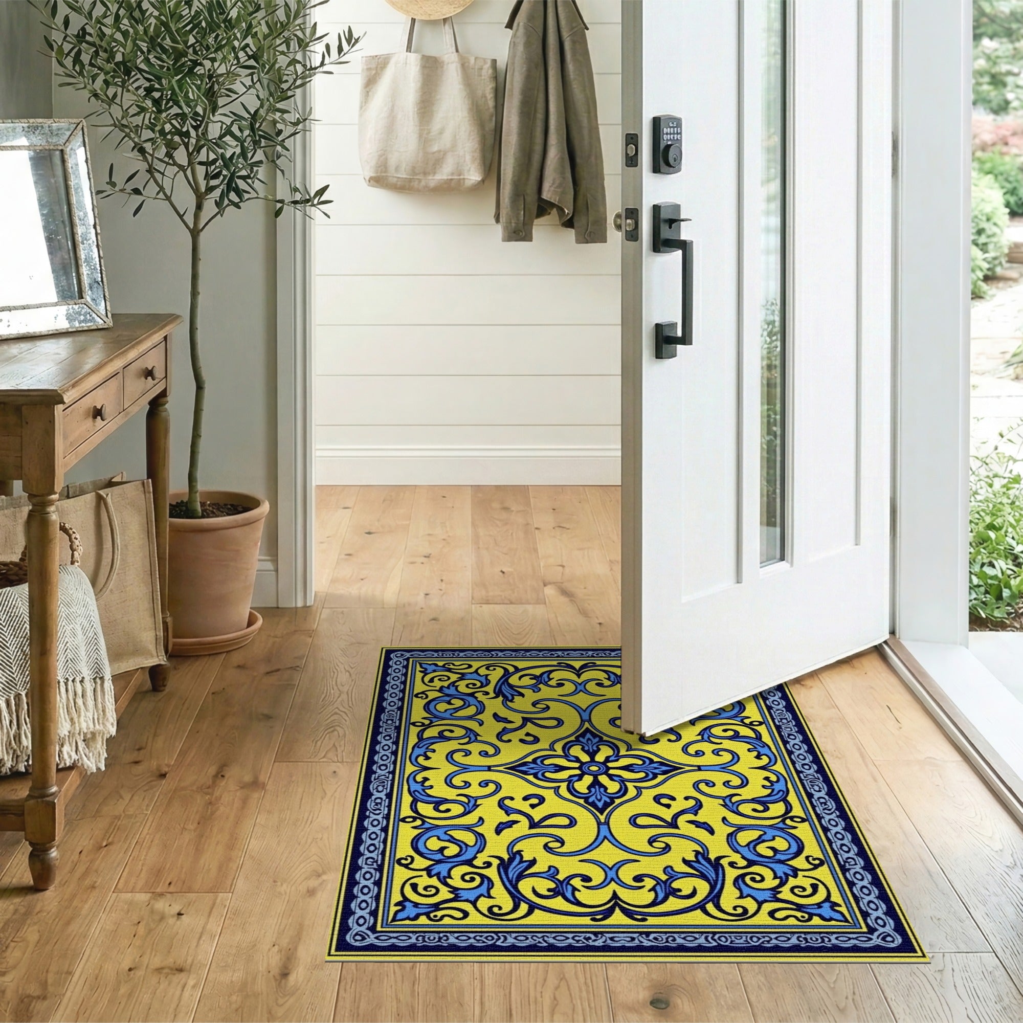Ornate Yellow Blue Persian Motif Area Rug