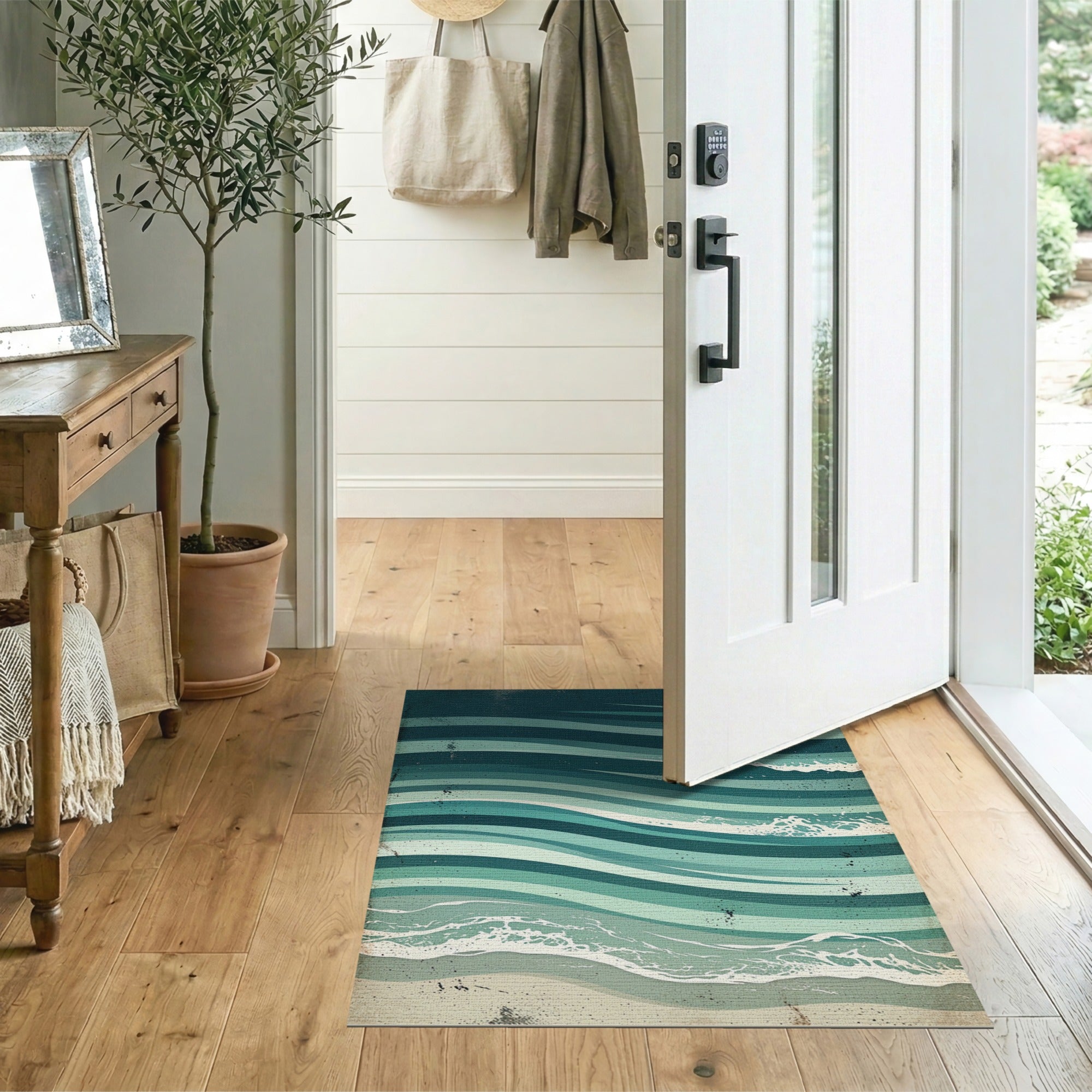 Coastal Beach Teal Ocean Waves Coastal Area Rug