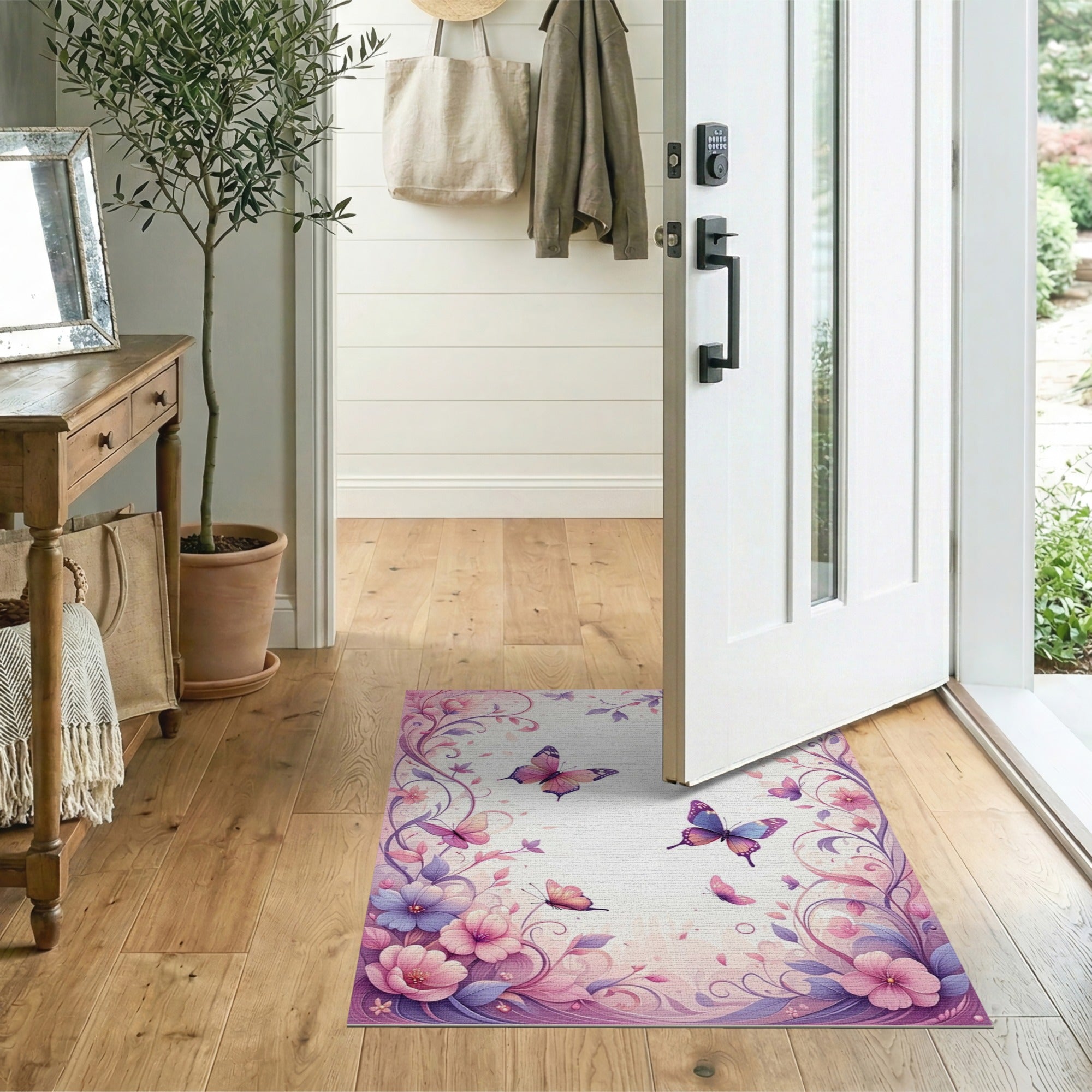 ODIKA Floral Butterfly Pink & Purple Washable Area Rug, Low Pile Non-Slip & Pet Friendly