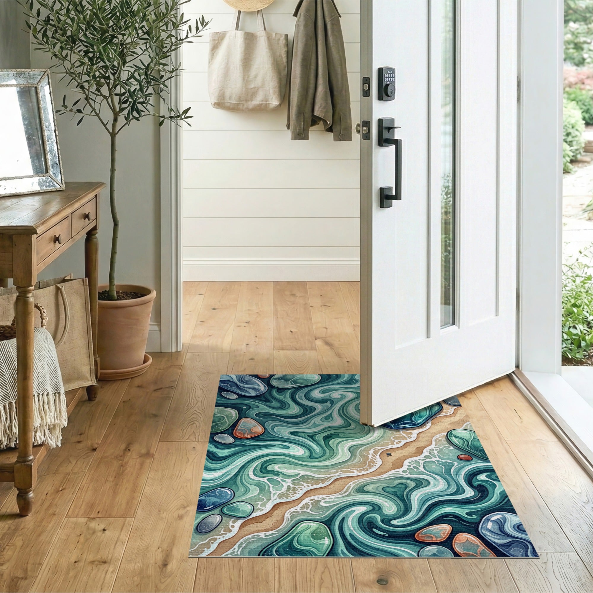 Teal Sea Glass Waves Coastal Beach Rug