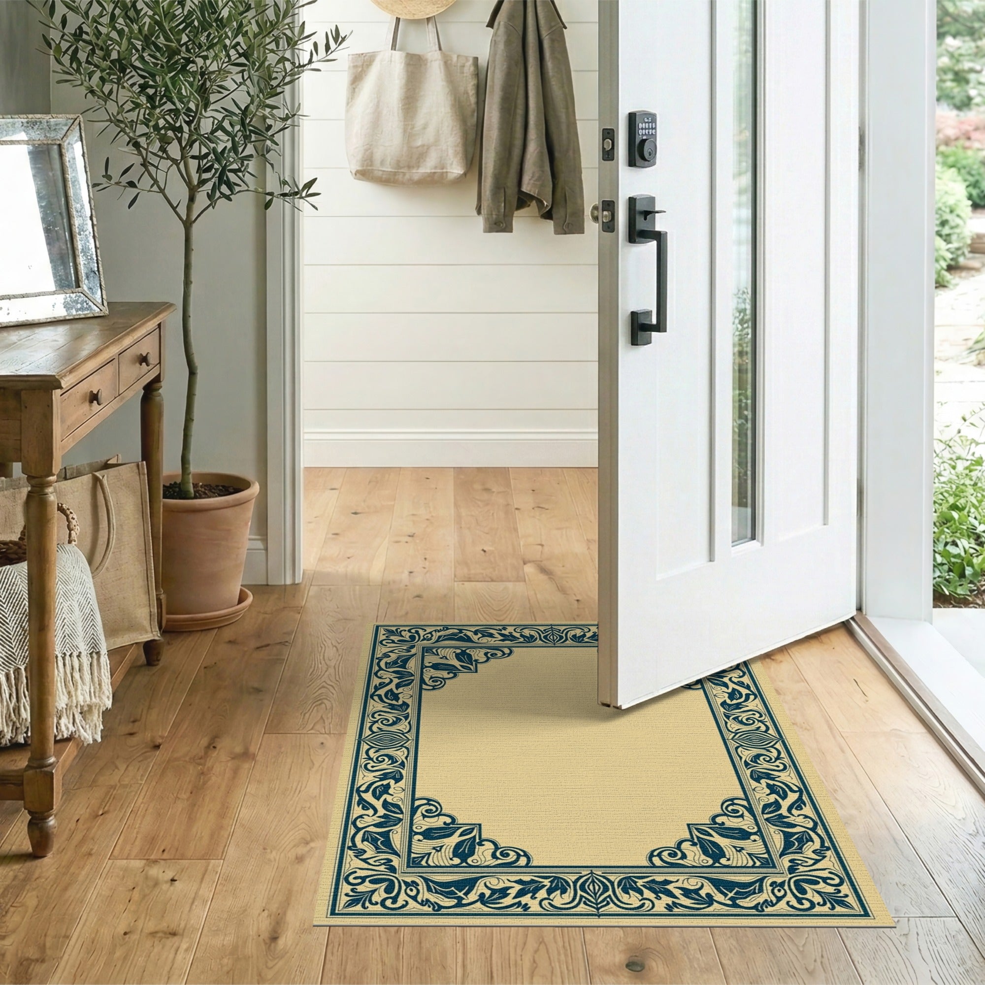 Ornate Teal Floral Border Beige Area Rug