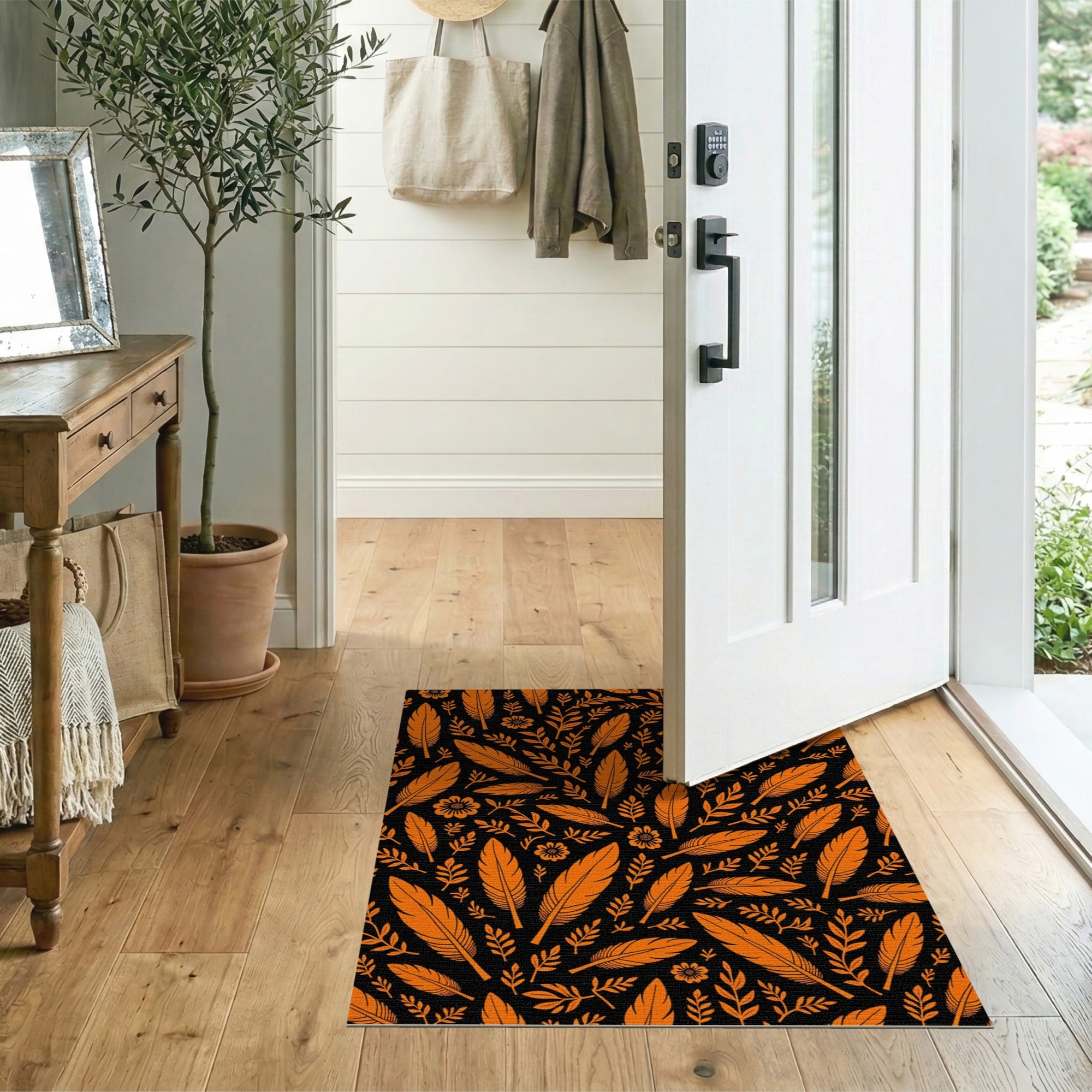 Orange Feather Floral Boho Area Rug