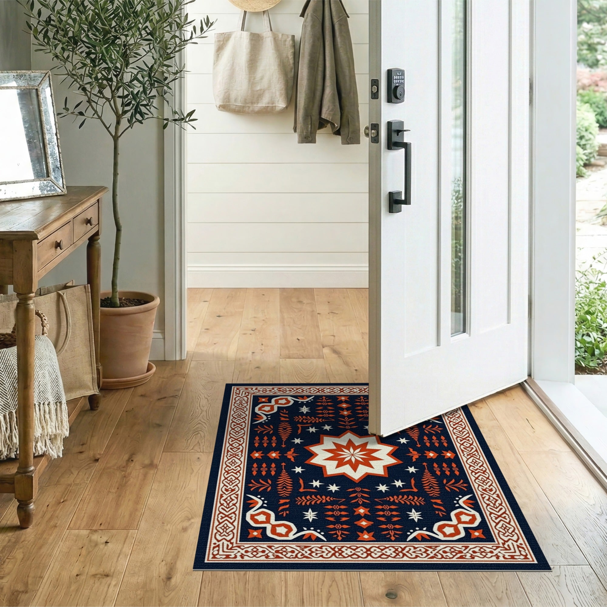 ODIKA Washable Navy Blue & Terracotta Bohemian Area Rug - Non-Slip Low Pile