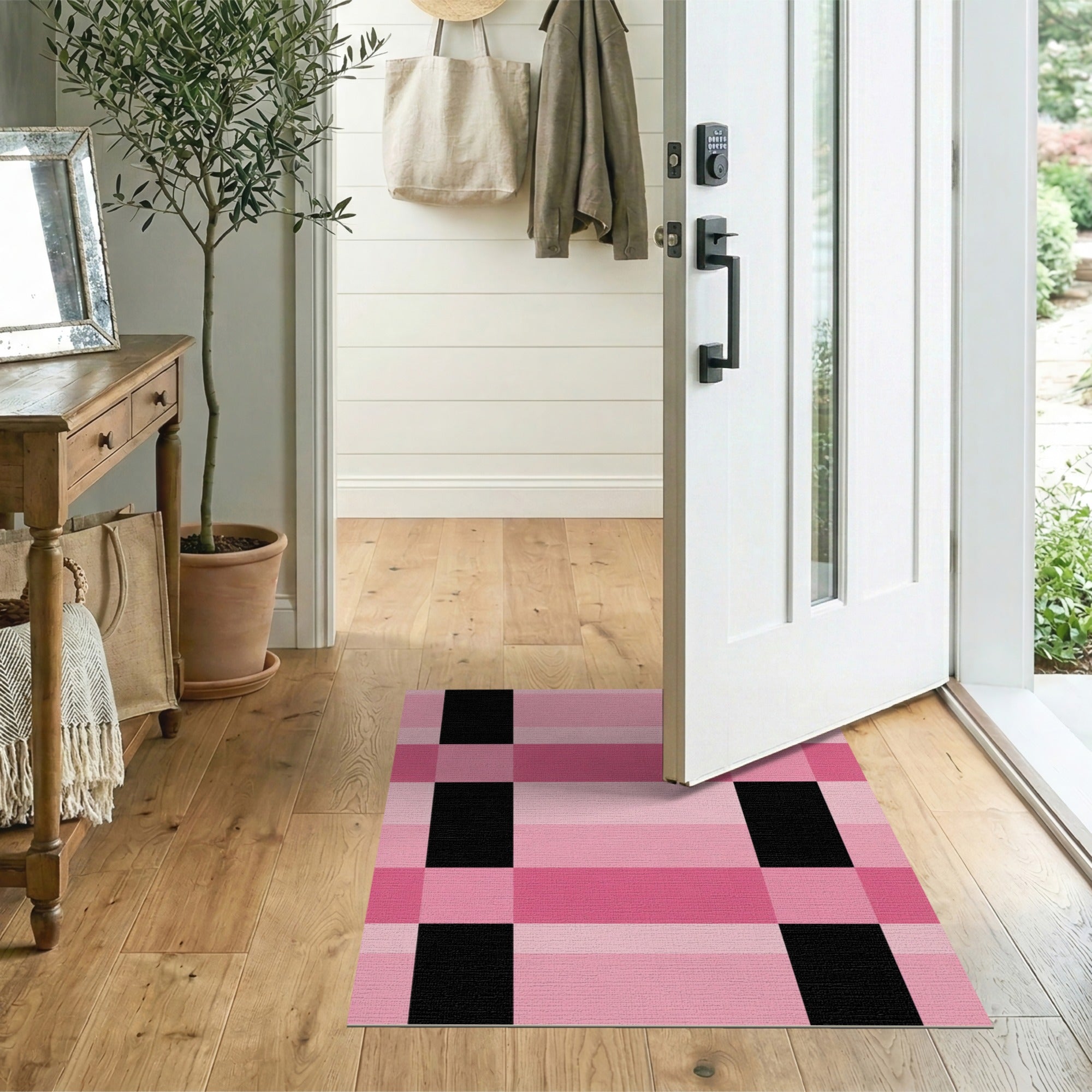 ODIKA Washable Pink and Black Plaid Area Rug - Low Pile, Non-Slip & Pet Friendly