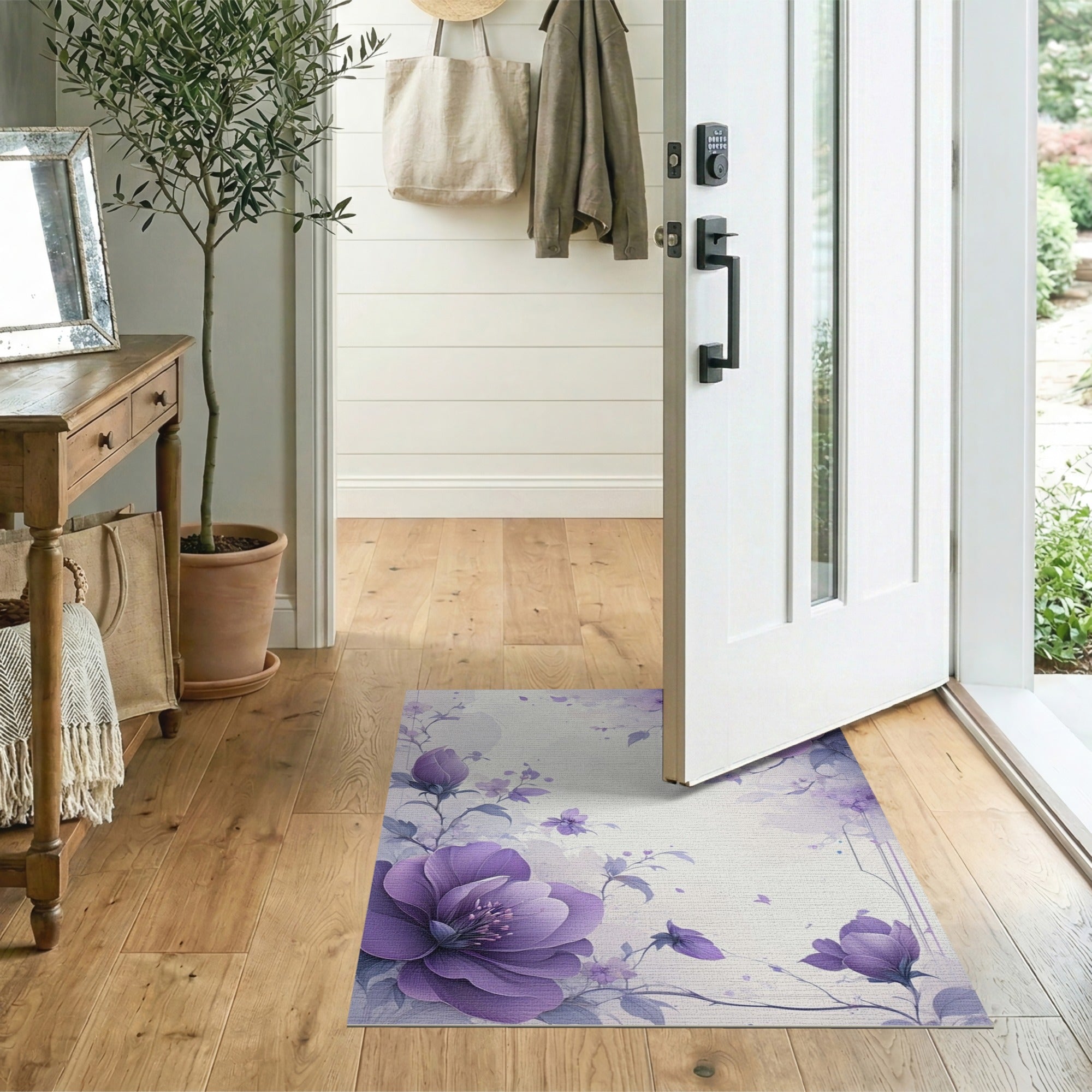 Washable Purple Watercolor Floral Area Rug - Low Pile & Non-Slip