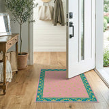 Pink Leaf Vine Rug with Ornate Teal Border