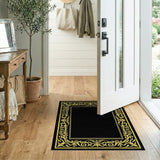 Gold and Silver Elegant Black Area Rug with Gold Ornate Border