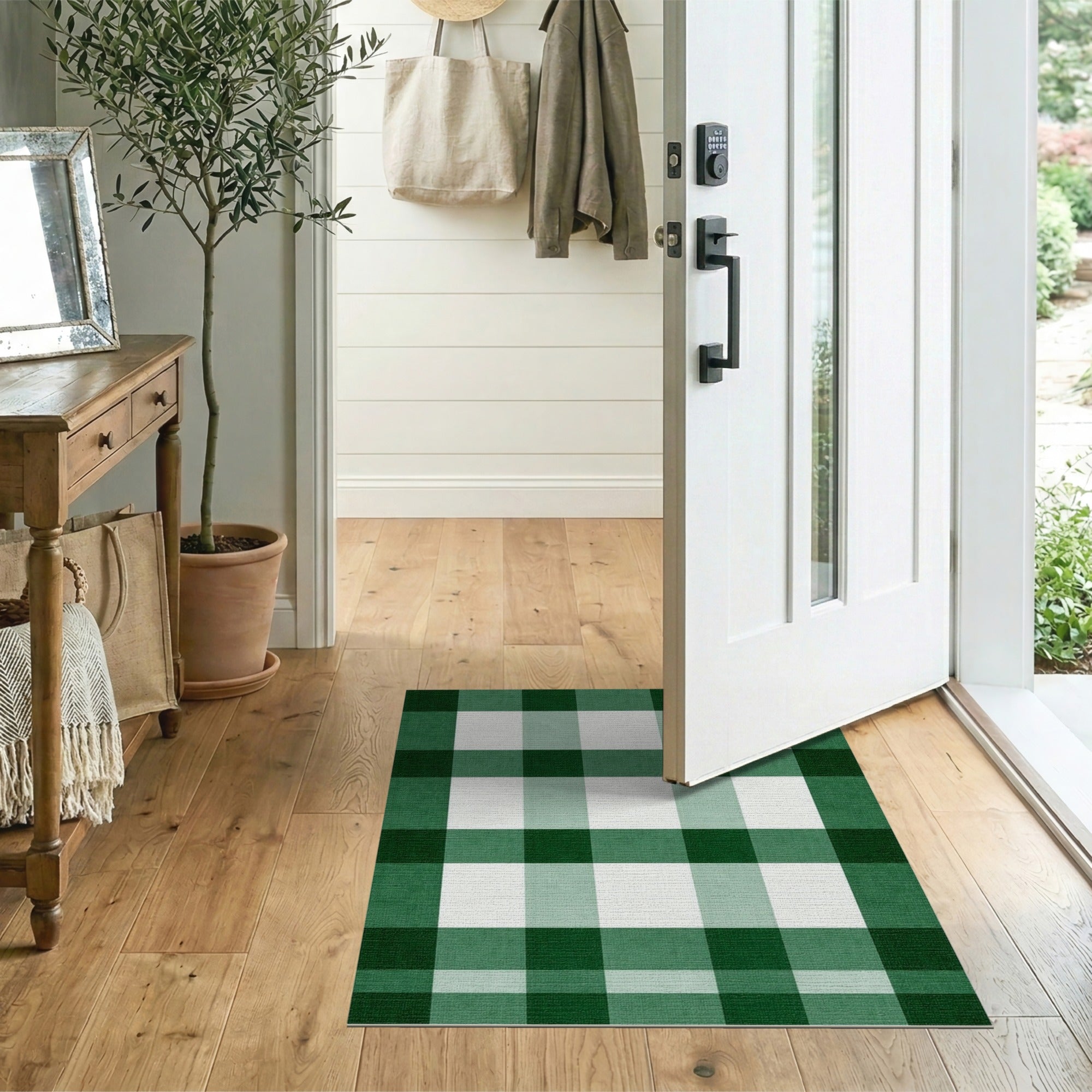 Rustic Farmhouse Green Green Plaid Checkered Area Rug