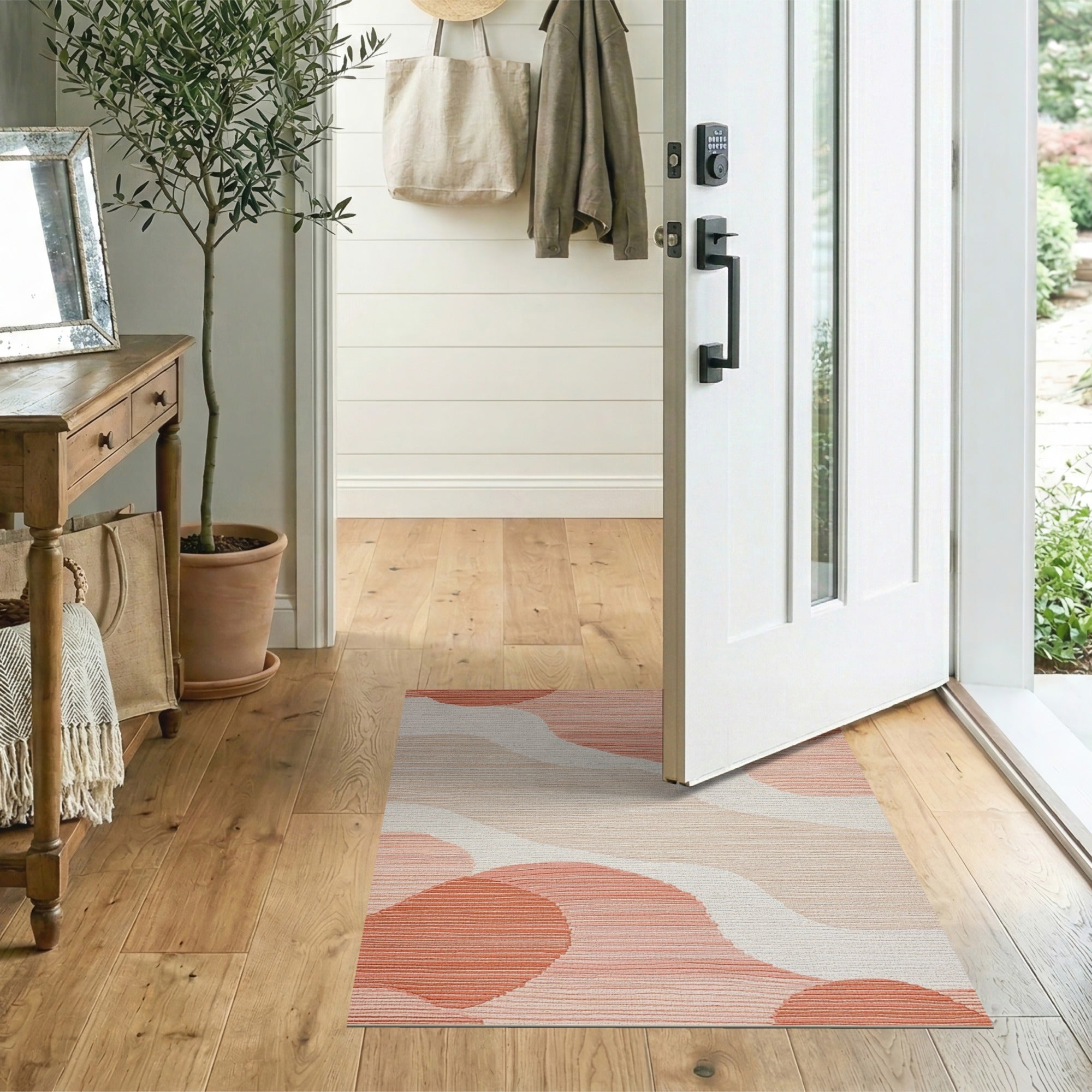 ODIKA Washable Terracotta Abstract Wavy Area Rug, Low Pile Non-Slip Boho Rug