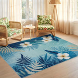 ODIKA Washable Teal Tropical Plumeria Floral Area Rug - Low Pile Non-Slip