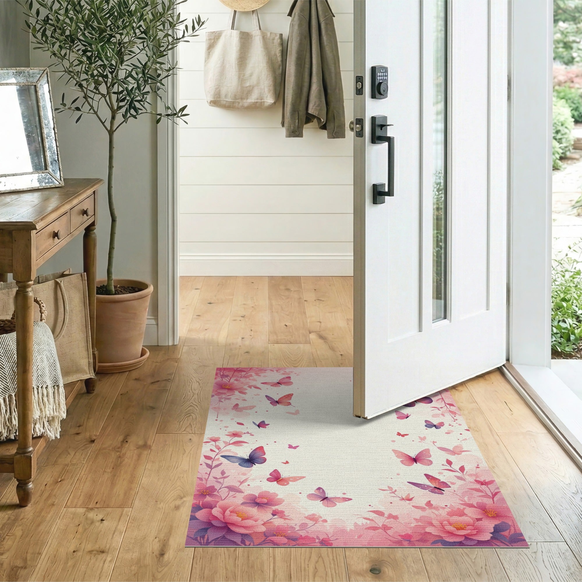 ODIKA Washable Pink Floral Butterfly Area Rug - Low Pile Non-Slip Kids & Pet Friendly Carpet