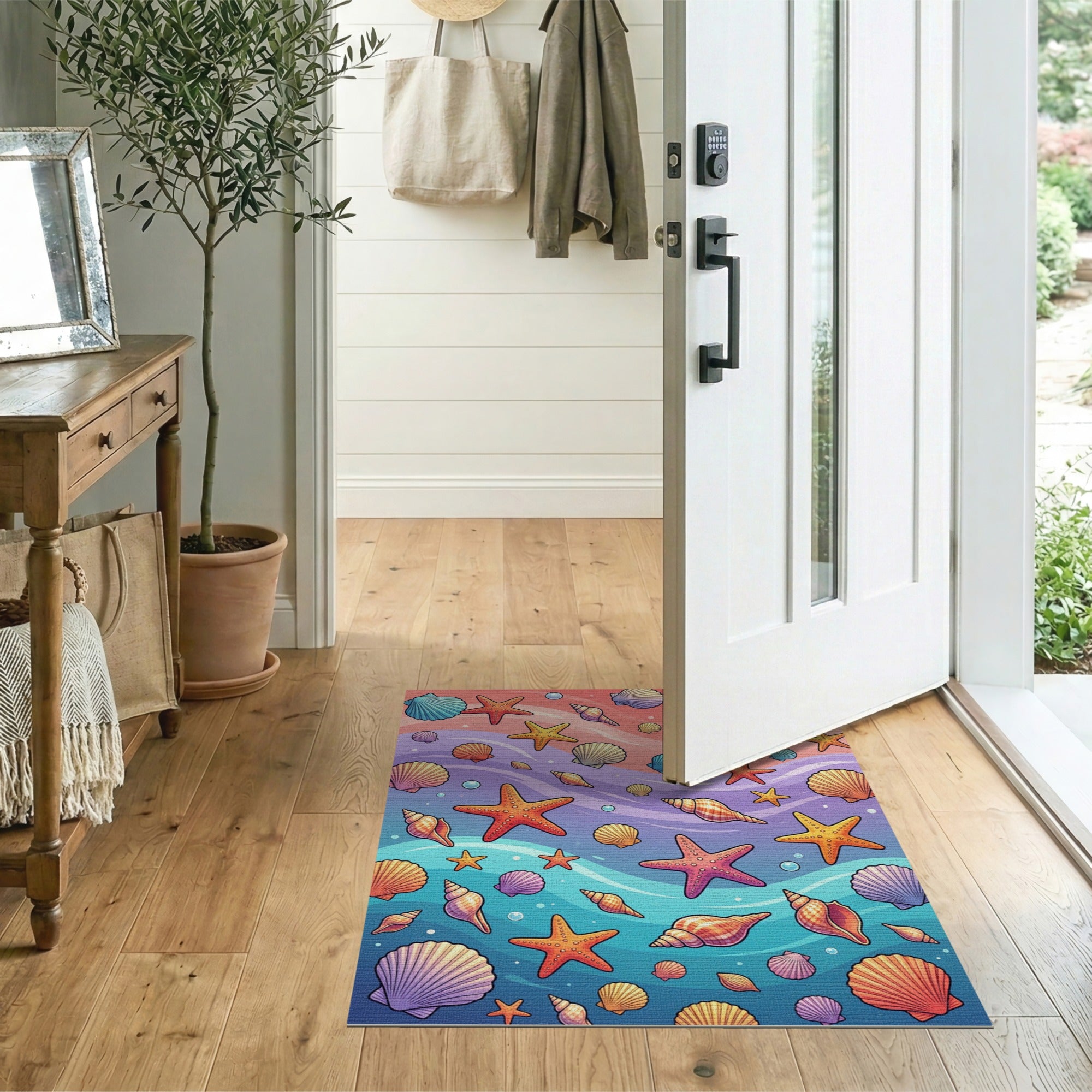 Multi-color and Patterns Vibrant Seashell Starfish Coastal Beach Rug
