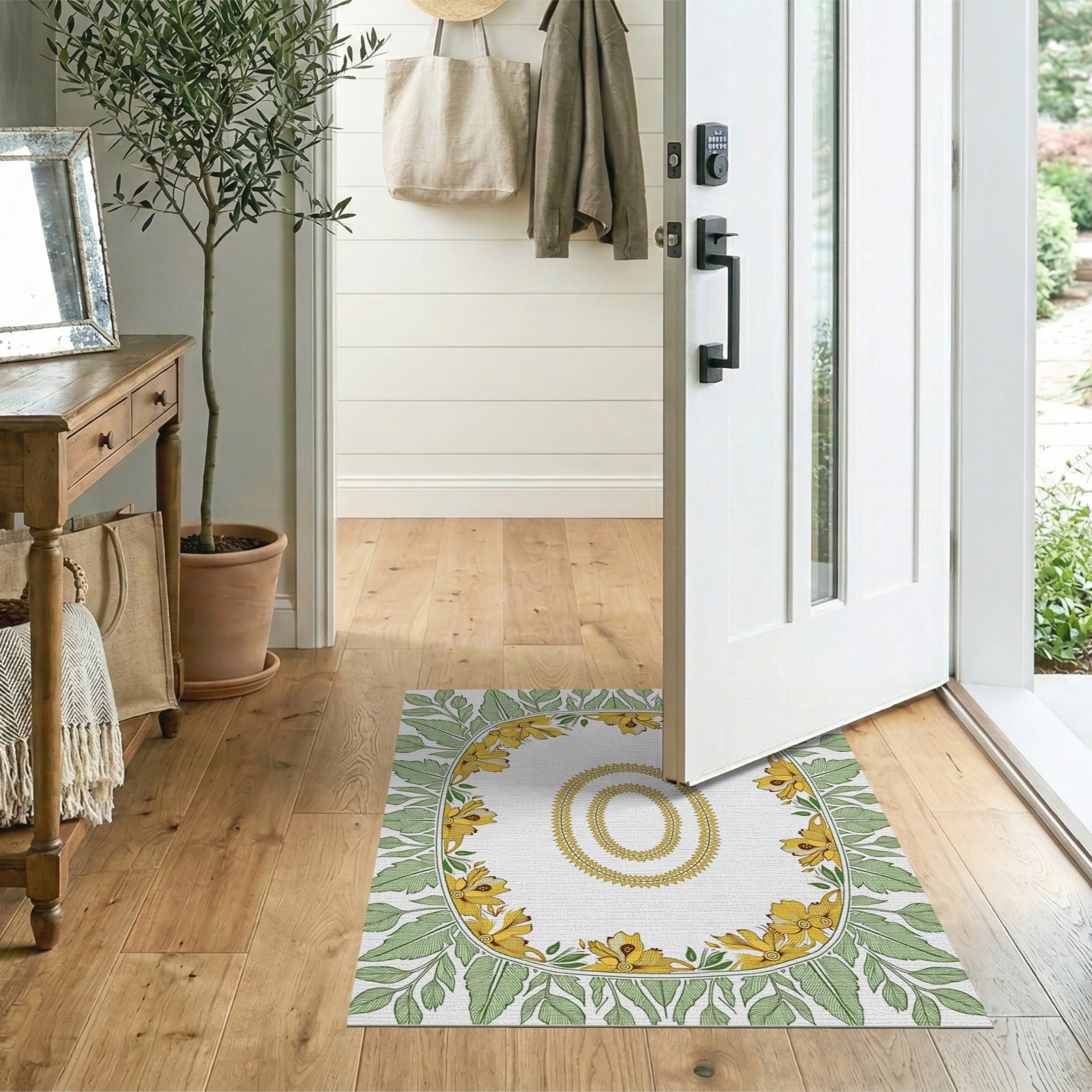 Yellow Floral Oval Frame Area Rug