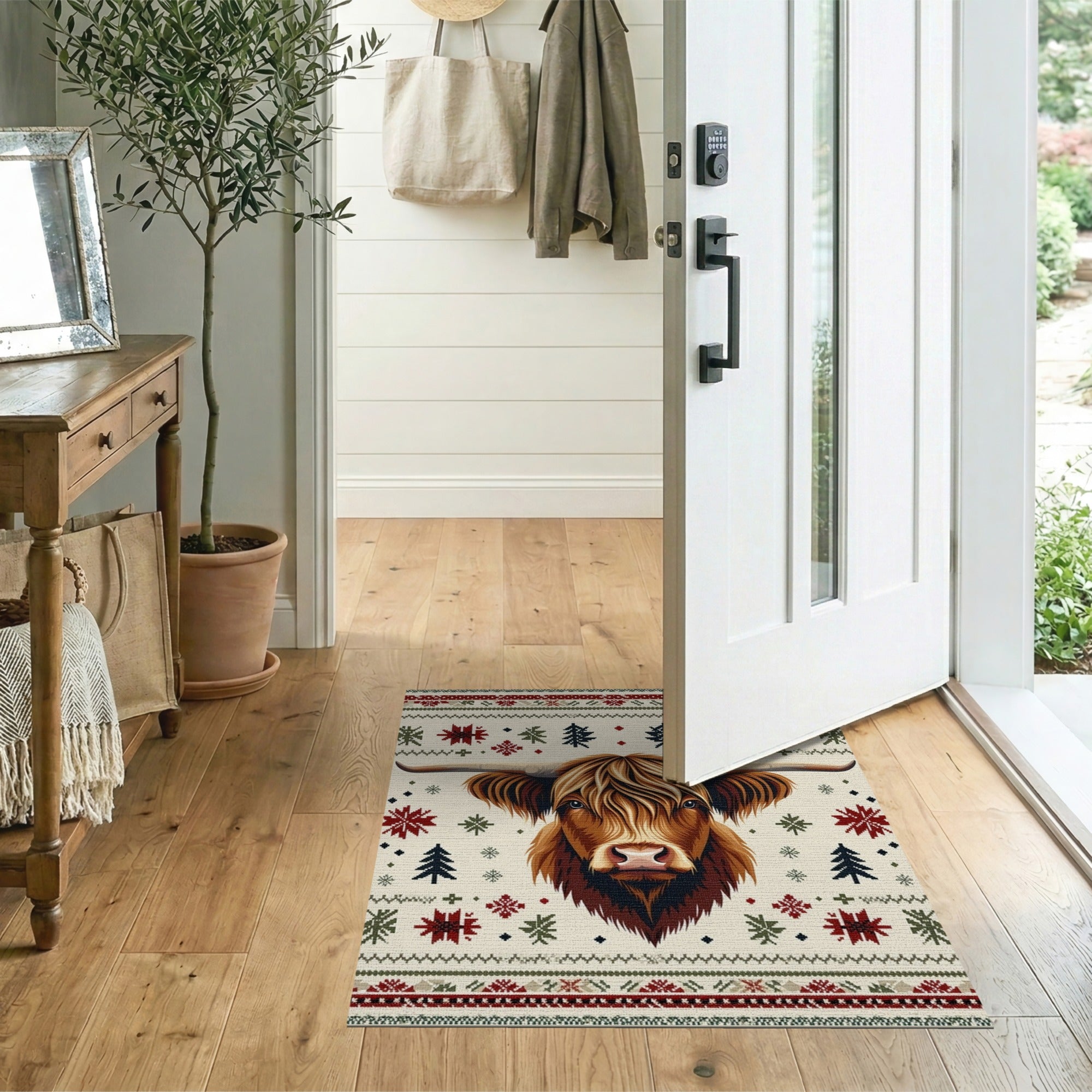 Festive Highland Cow Knit Christmas Area Rug
