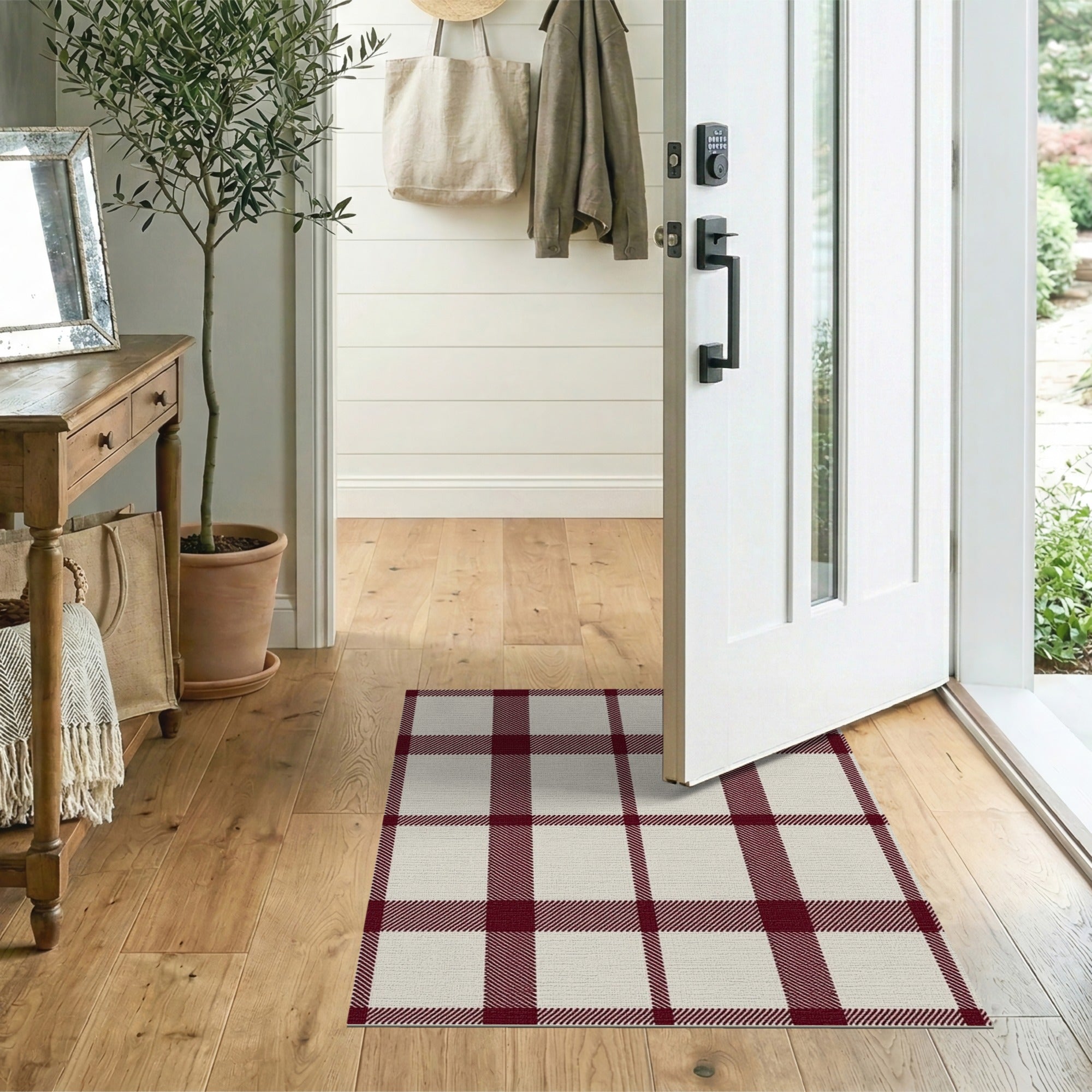 Red and Cream Buffalo Check Plaid Area Rug