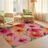 ODIKA Tropical Hibiscus Washable Area Rug - Pink & Orange Floral Low Pile