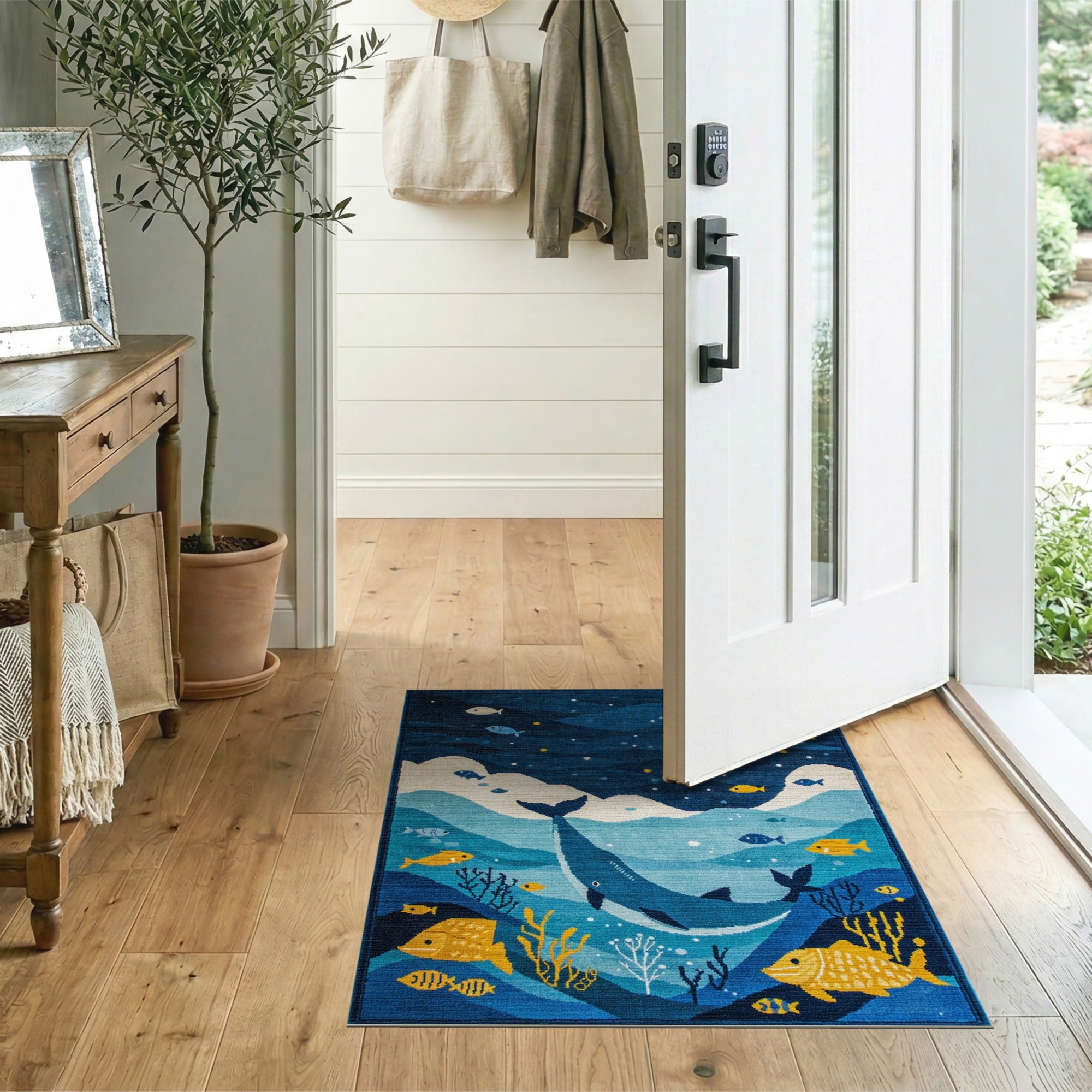 Whimsical Whale Ocean Kids Blue and Teal Area Rug