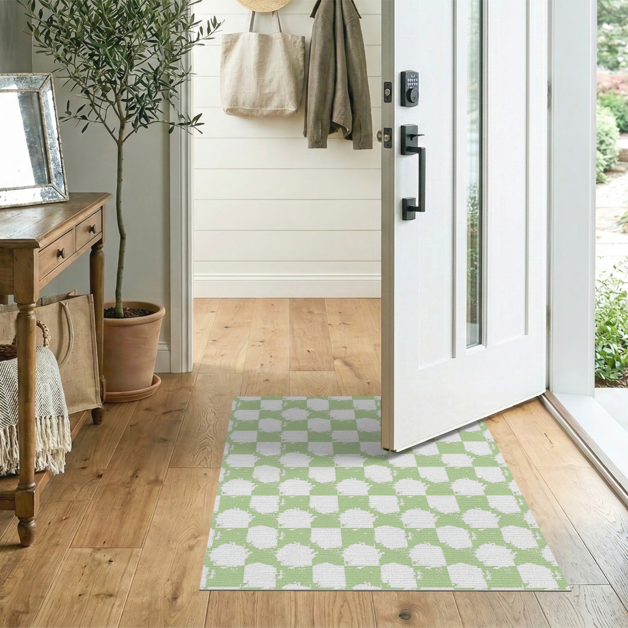 Distressed Mint Green Checkered Area Rug