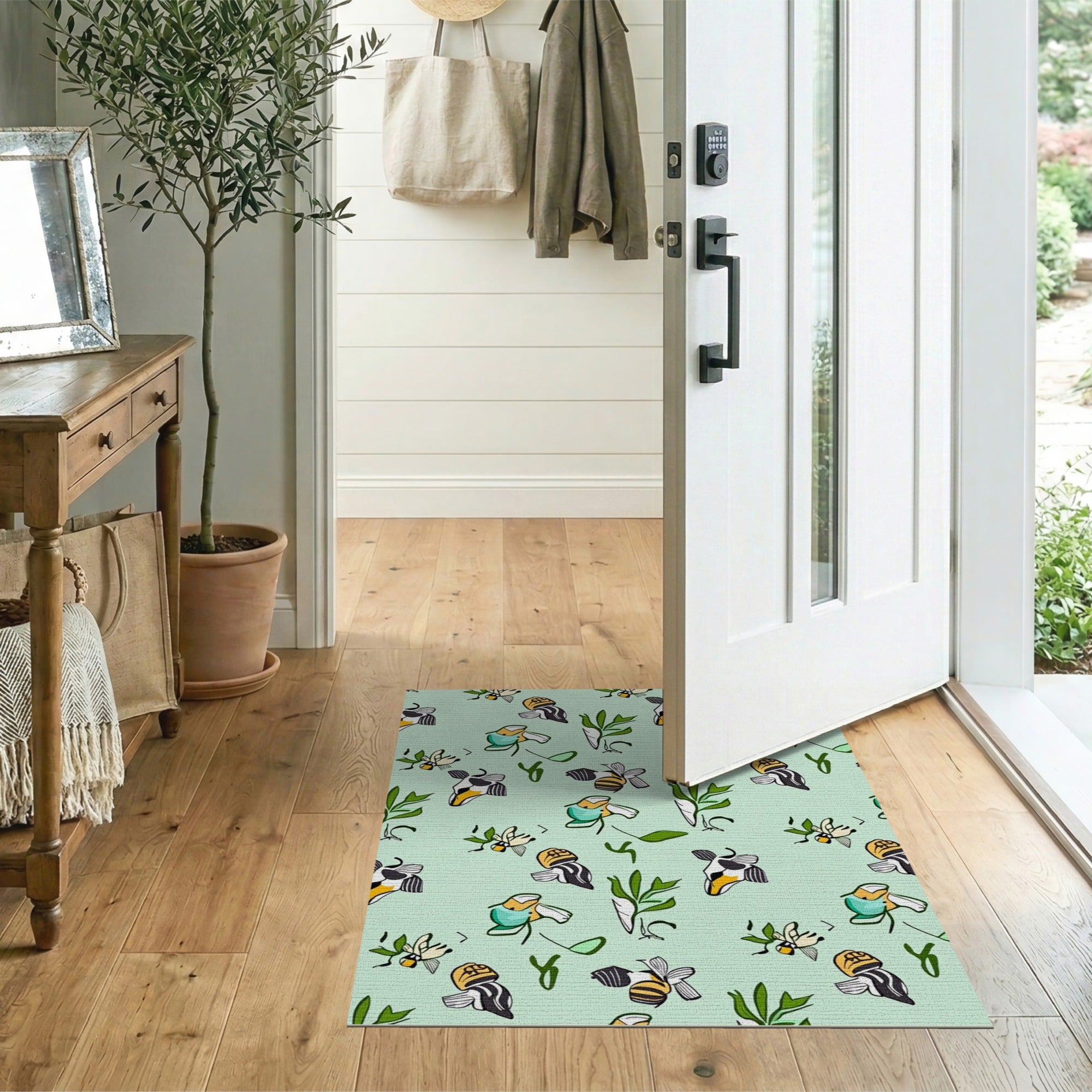 Playful Cartoon Bees and Leaves Area Rug