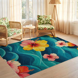 Washable Tropical Hibiscus Floral Area Rug - Teal Blue Ocean Wave, Low Pile & Non-Slip