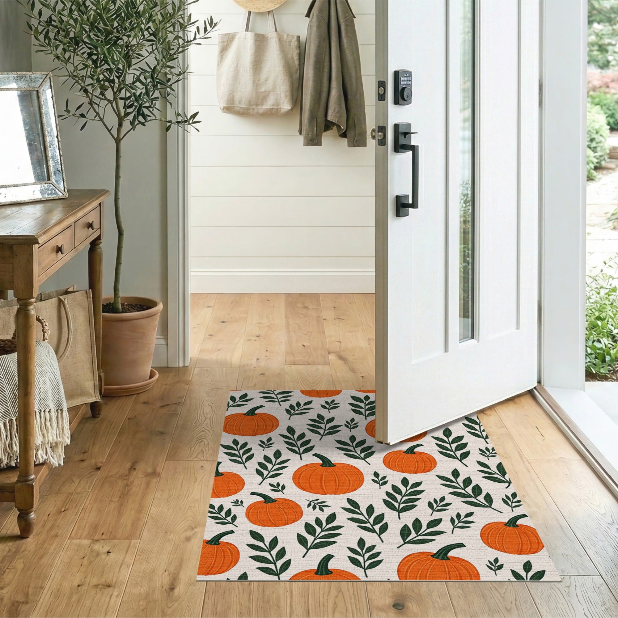 Harvest Pumpkin Leaves Pattern Area Rug