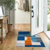 Abstract Blue Geometric Area Rug with Orange Accent
