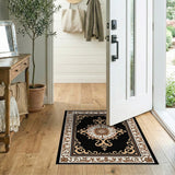 Beige and Neutral Ornate Black Medallion Persian Area Rug