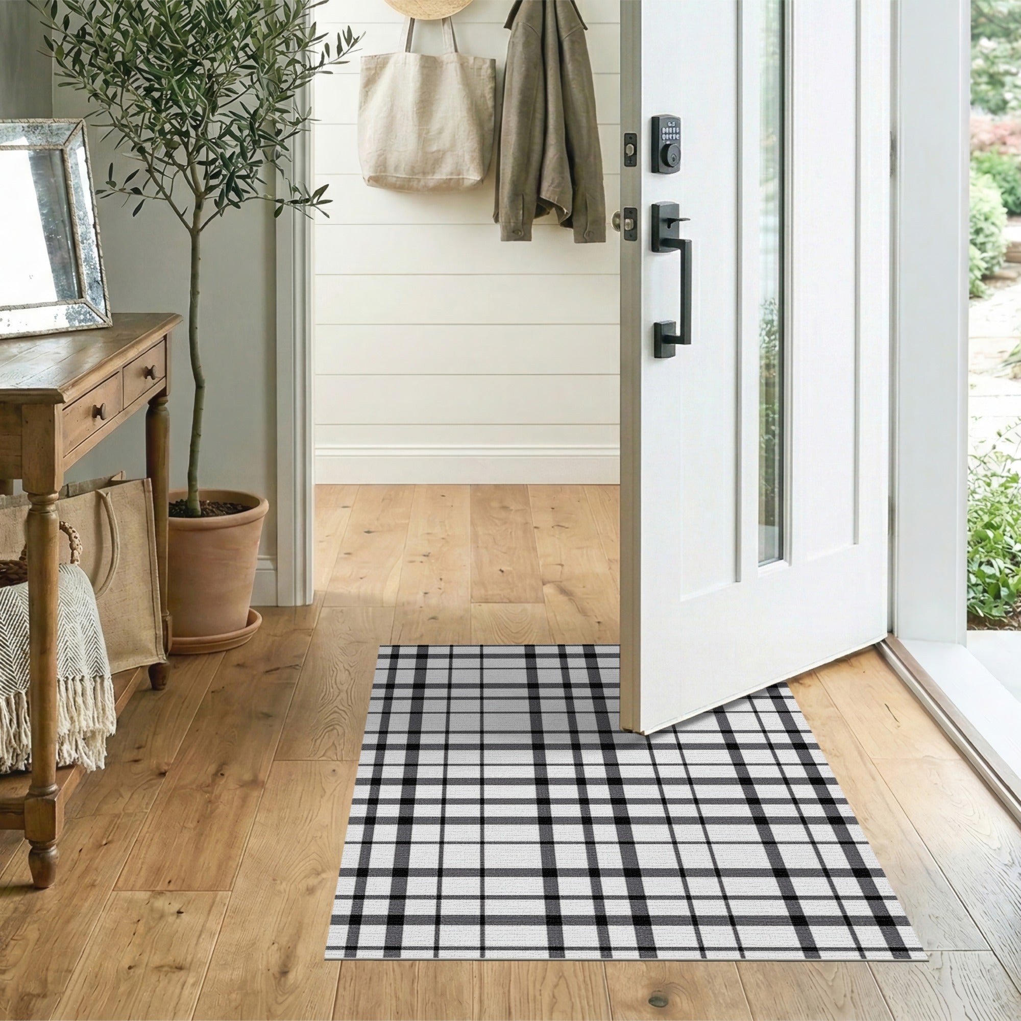 Geometric Modern Black White Plaid Grid Area Rug
