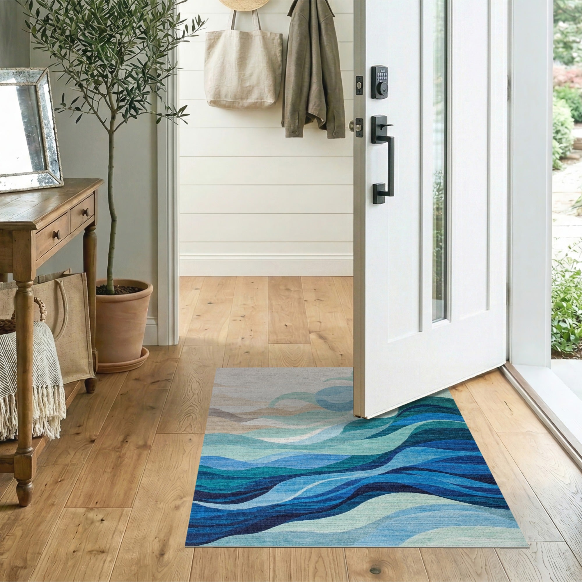 ODIKA Modern Abstract Blue Wave Washable Area Rug, Low Pile Non-Slip