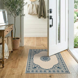 Ornate Navy Floral Border Blue and Teal Area Rug