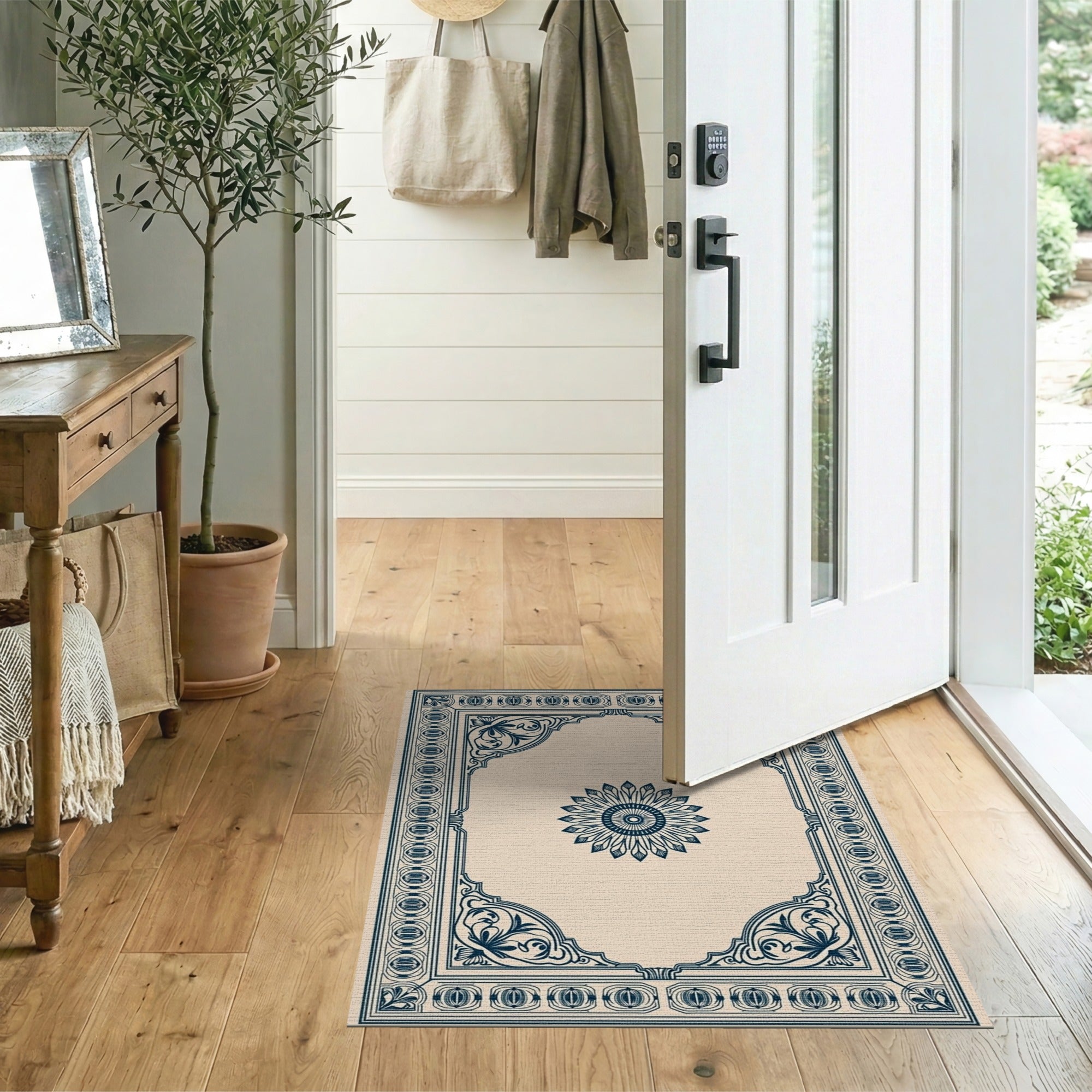 Ornate Navy Floral Border Blue and Teal Area Rug
