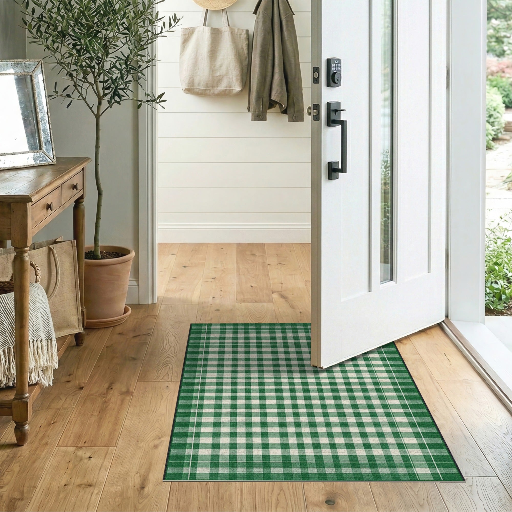 Green Gingham Check Green Area Rug