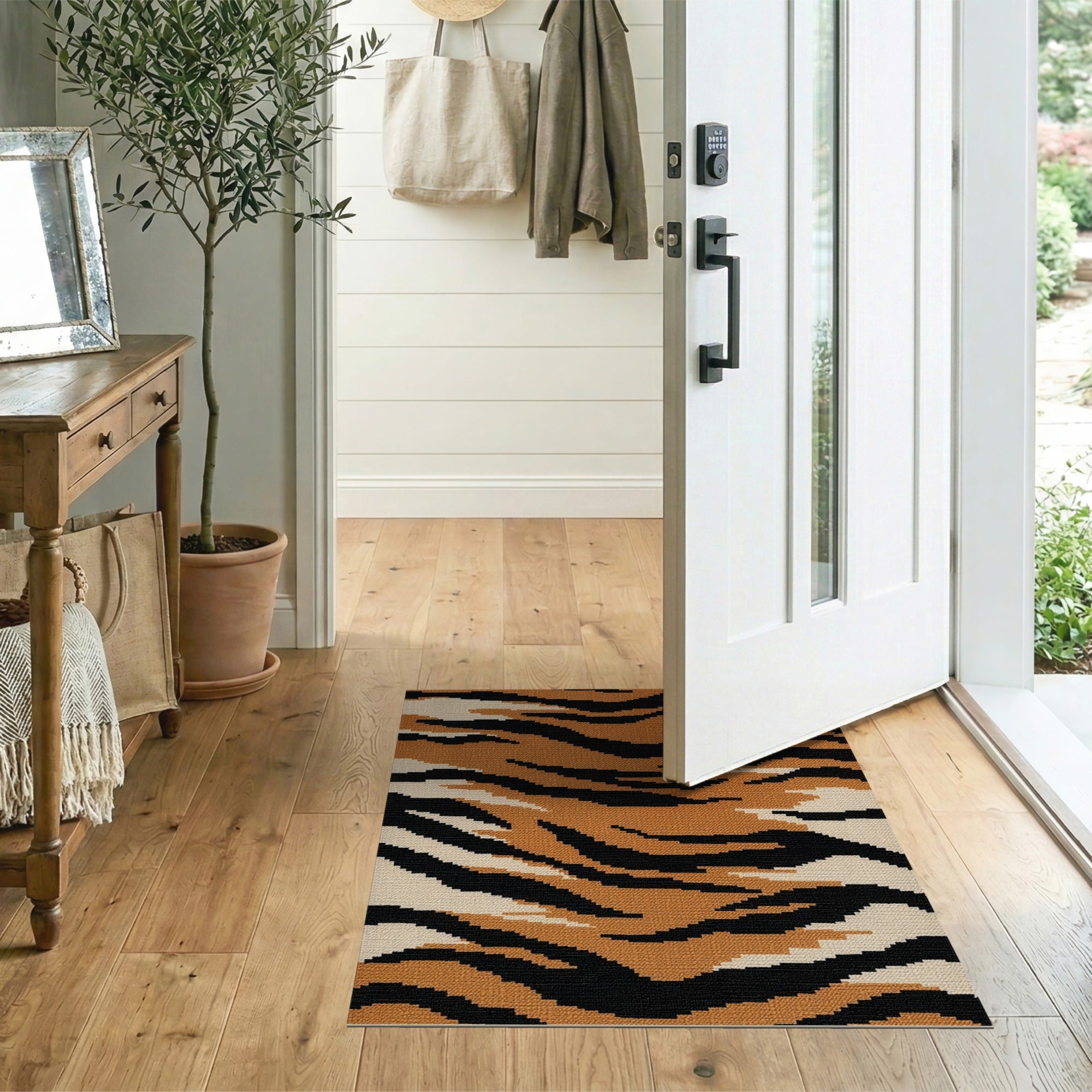 Boho Chic Multi-color and Patterns Bold Orange Tiger Stripe Area Rug