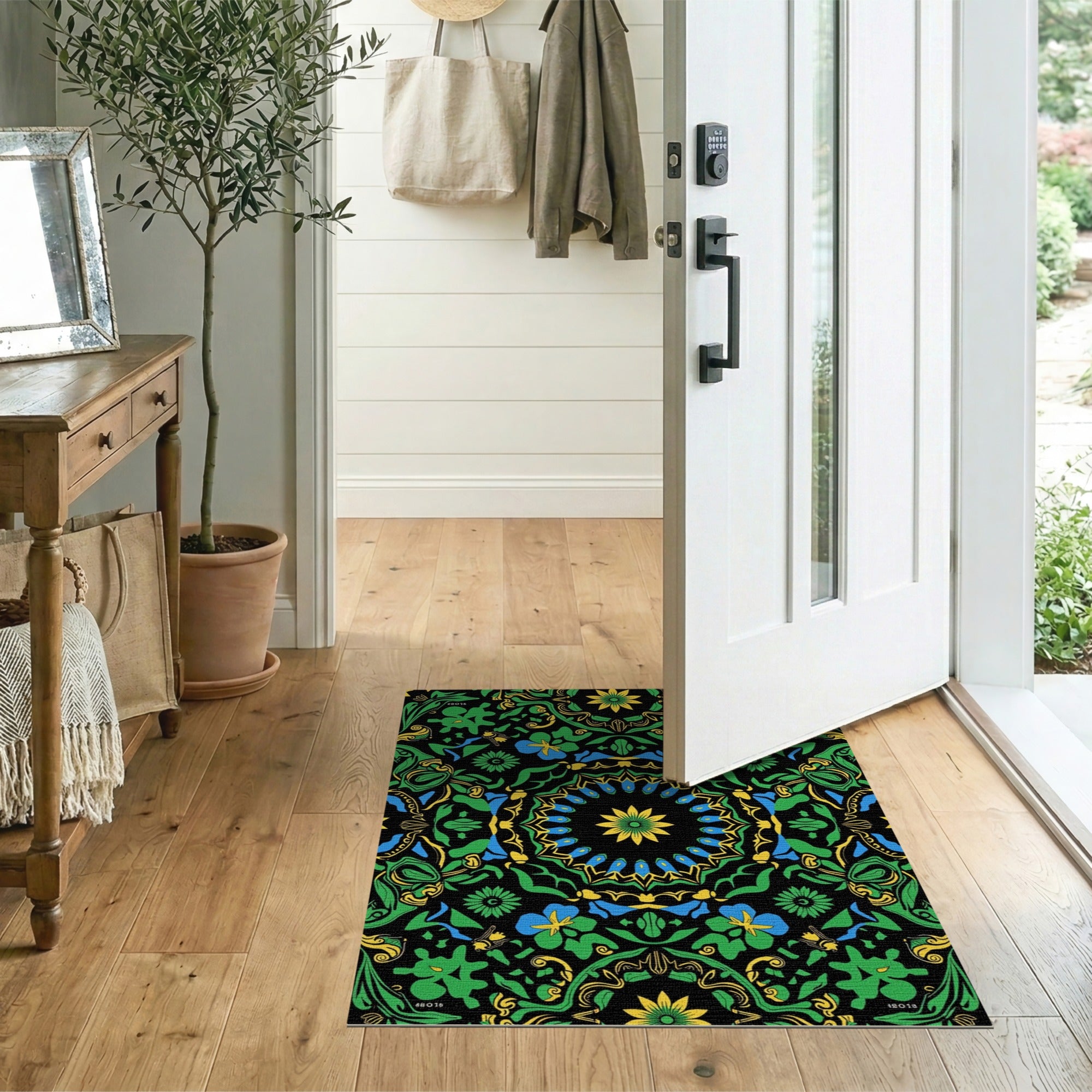 Vibrant Floral Mandala Area Rug in Green, Yellow Blue