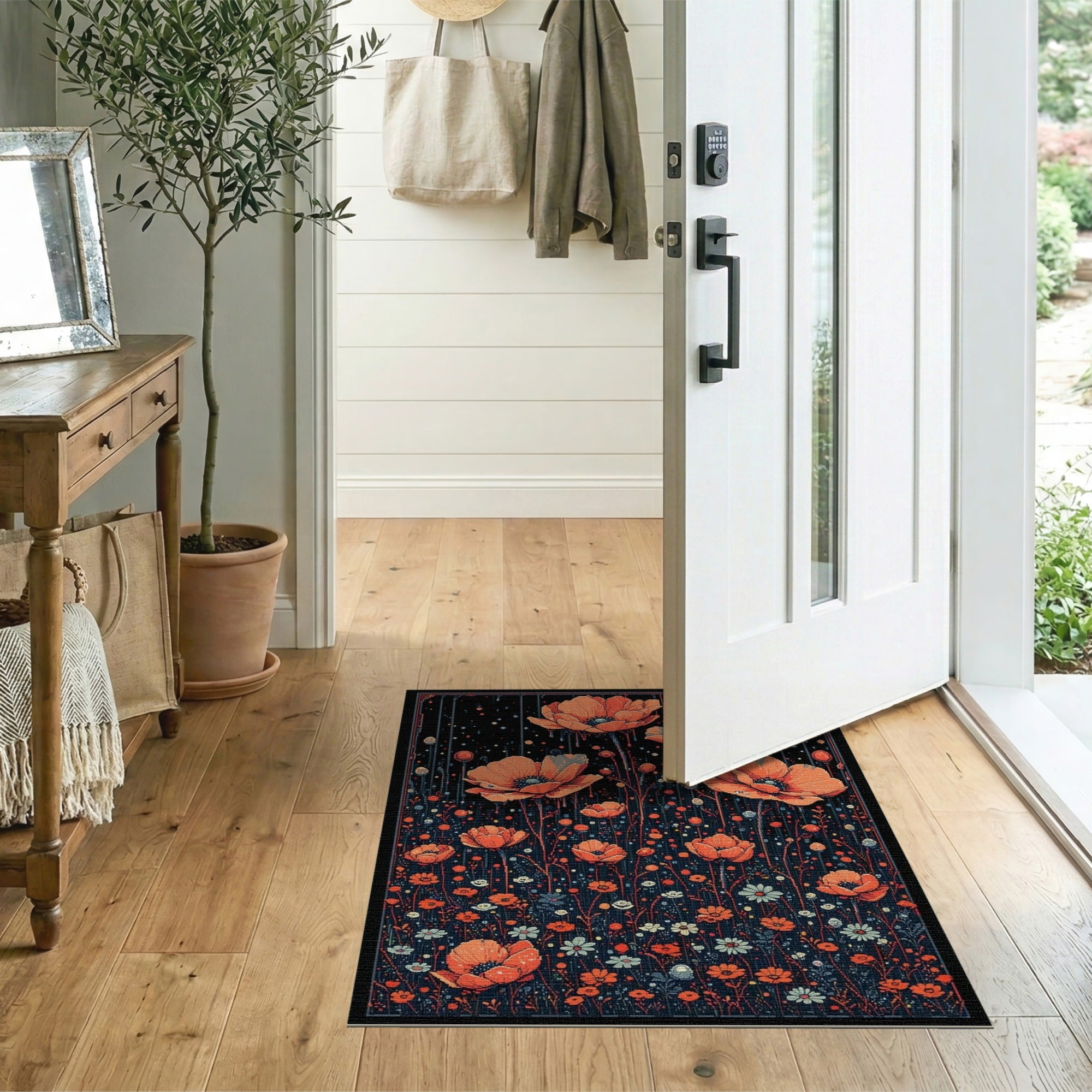Floral Vintage Vibrant Orange Poppy Floral Area Rug