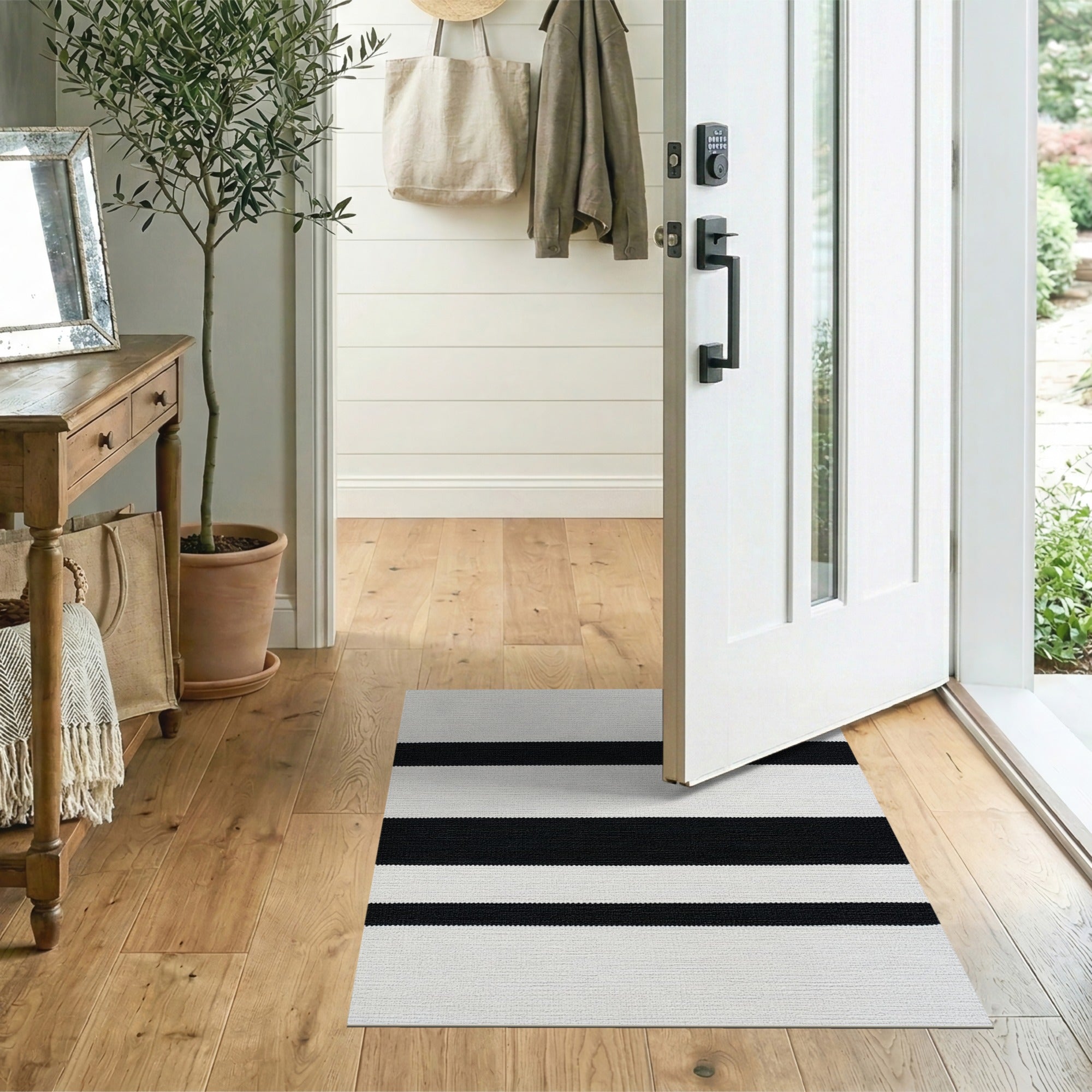Geometric Modern Woven Black White Striped Woven Area Rug